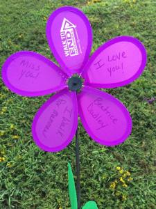 The memory flower we were given to remember our loved ones. Purple represented that we had lost someone to Alzheimer's.